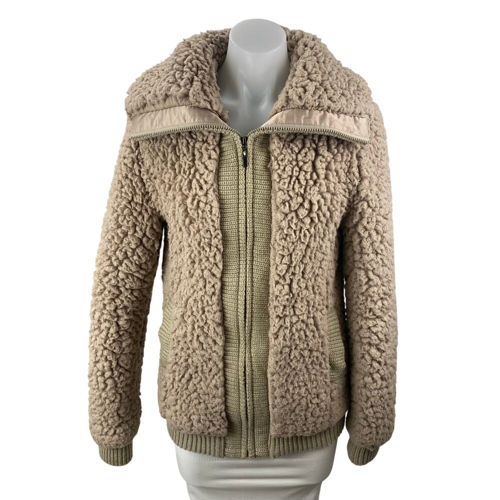 Pins & Needles Brown Tan Sherpa Fleece Teddy Full Zip Sweater Jacket Top Size S